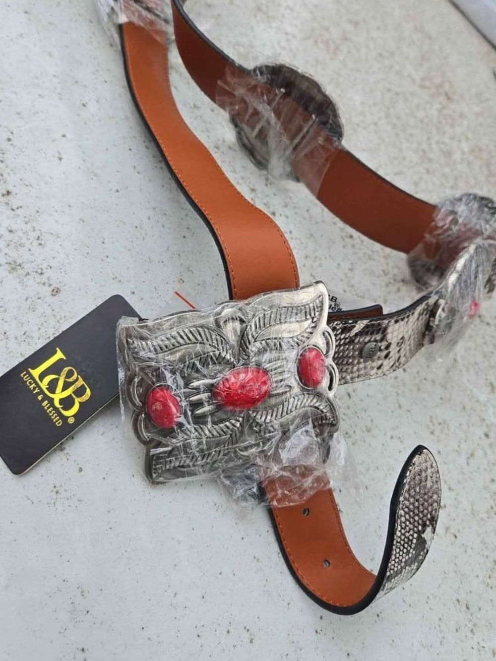 L&B Silver Floral Concho Belt with Red Stones and Snakeskin Strap - Picture 1 of 2